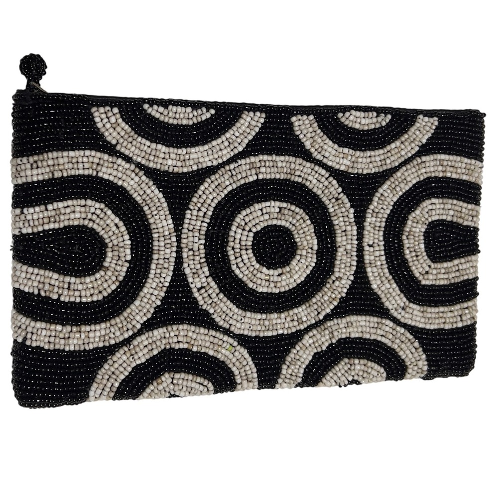 Beaded Art Deco Pattern Black &‎ Cream Mini Clutch Zip Close Formal Elegant Prom